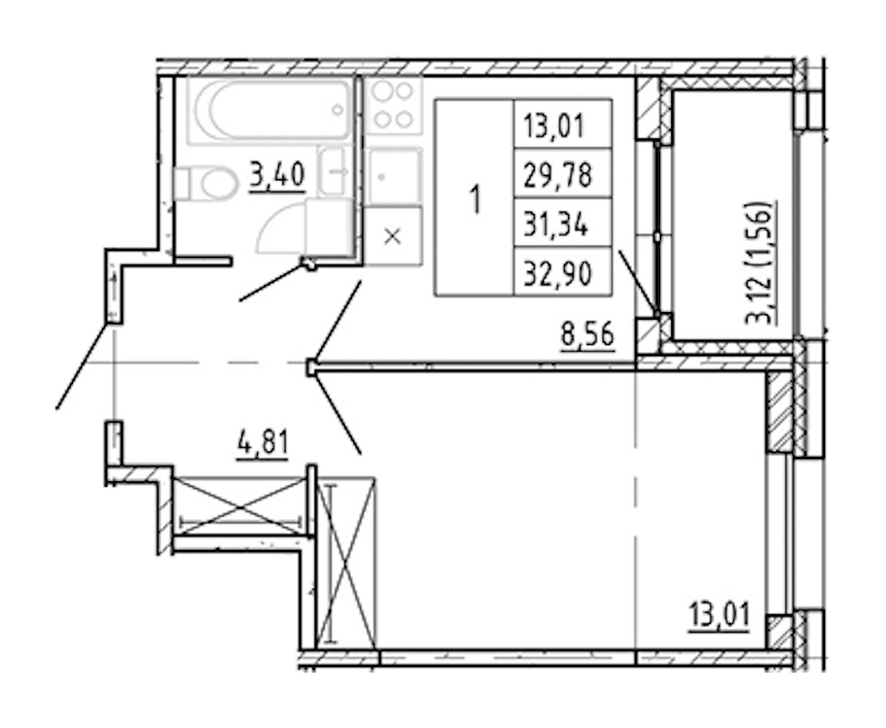 1-комнатная квартира 29.78 м², 2/12 эт., ЖК «Полис Новоселье»